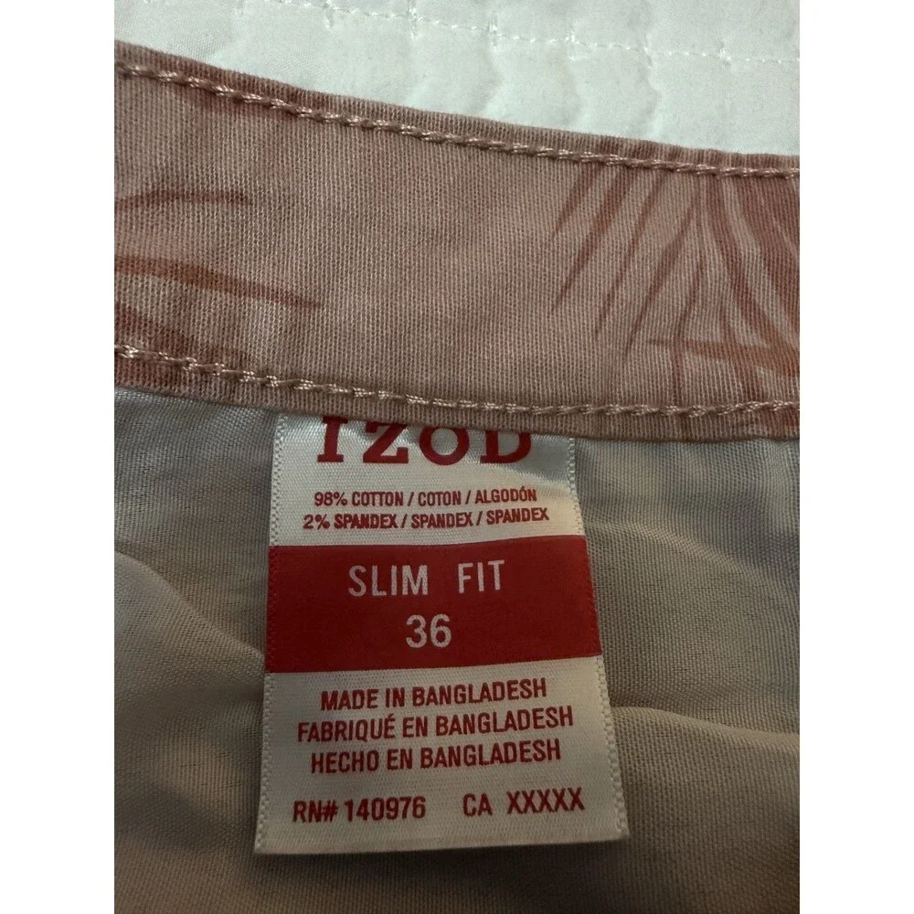IZOD Mens Slim Fit Comfort Stretch Tropical Palm Leaf Shorts Peach 36 Coastal